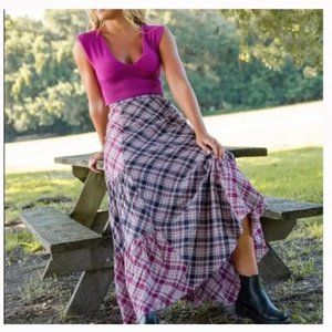 Natural Life maxi skirt plaid navy denim blue and red extra large